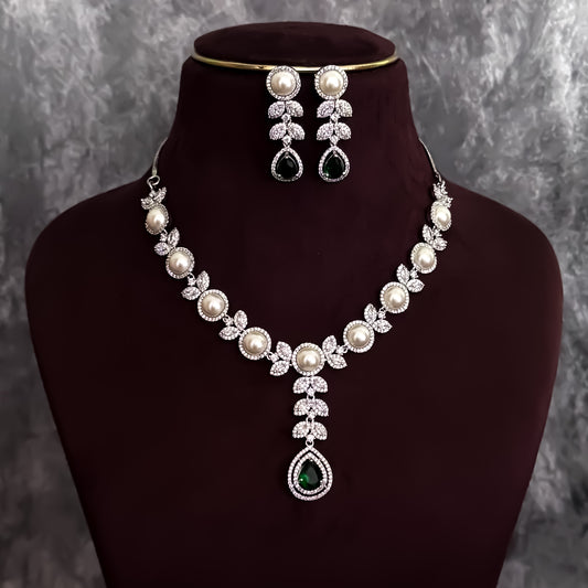Lisha American Diamond Necklace Set - Emerald Green