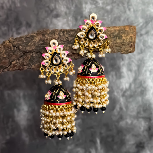 Insiya Black Meenakari Jhumka Earrings