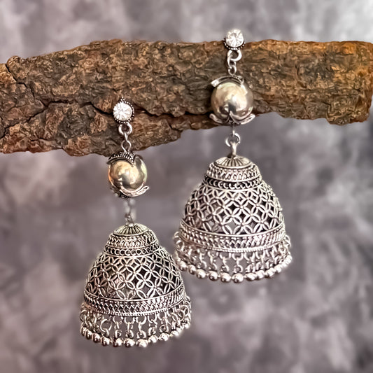 Sheena Silver Oxidised Jhumka Earrings