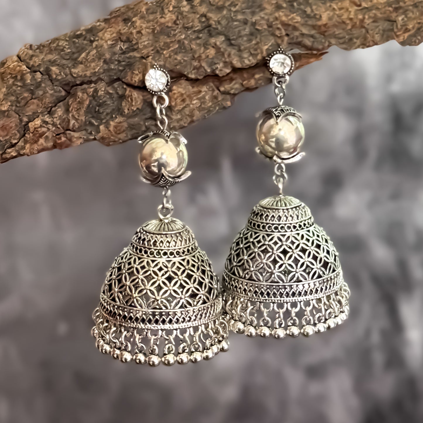 Sheena Silver Oxidised Jhumka Earrings