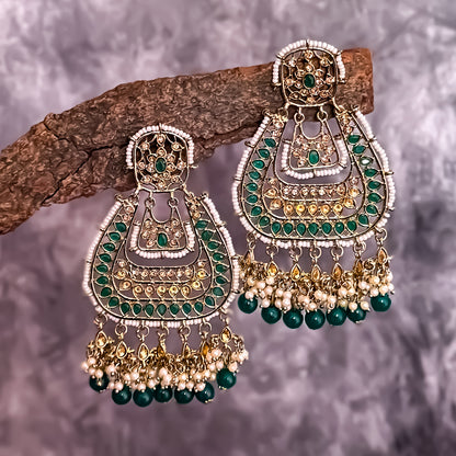 Meenakari Bottle Green Pearl Chandbali Earrings