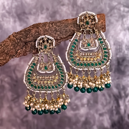 Meenakari Bottle Green Pearl Chandbali Earrings