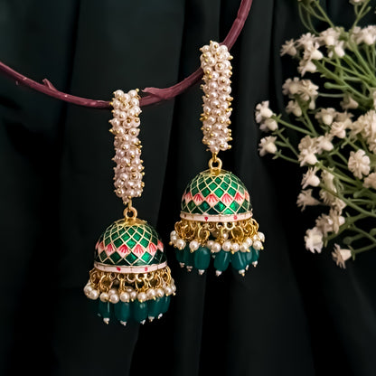Paro Ganthan Meenakari Jhumka - Green