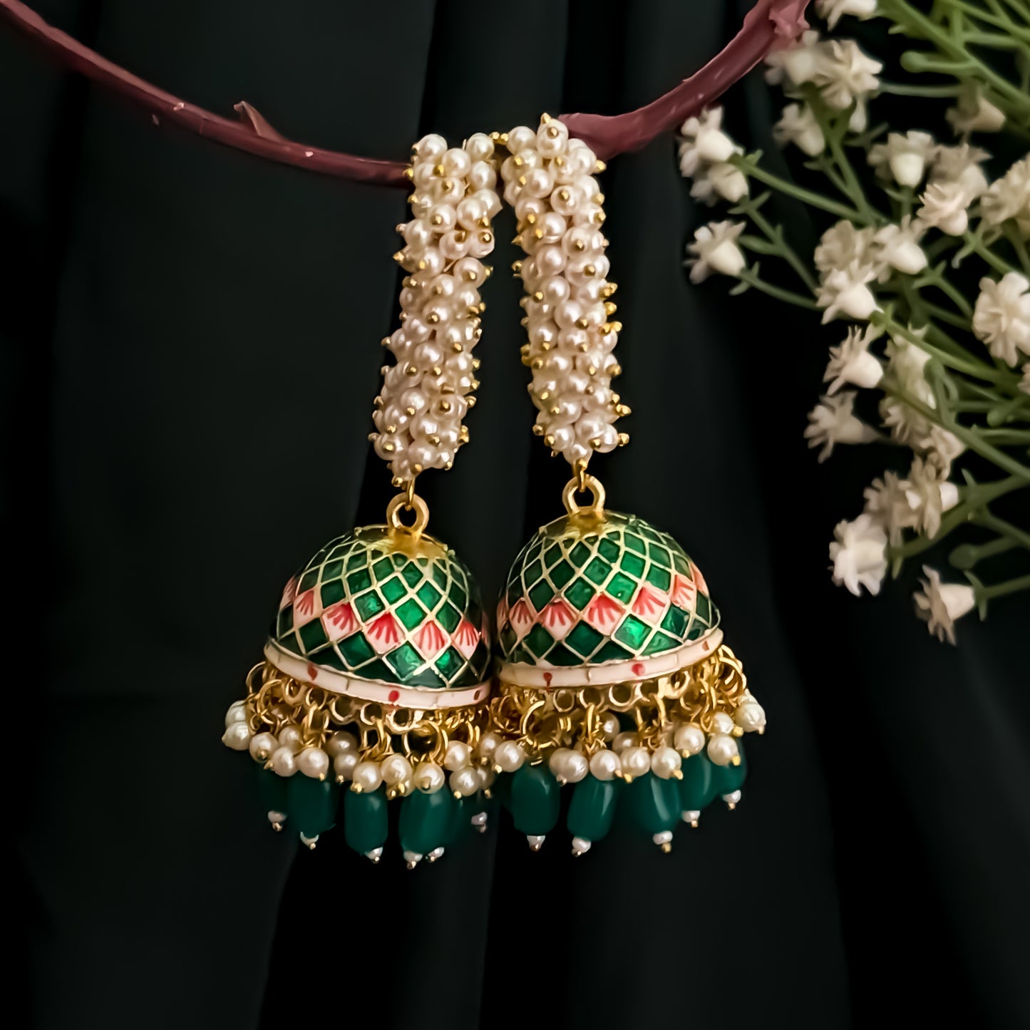 Paro Ganthan Meenakari Jhumka - Green