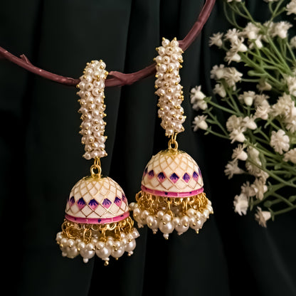 Paro Ganthan Meenakari Jhumka - Ivory/Golden