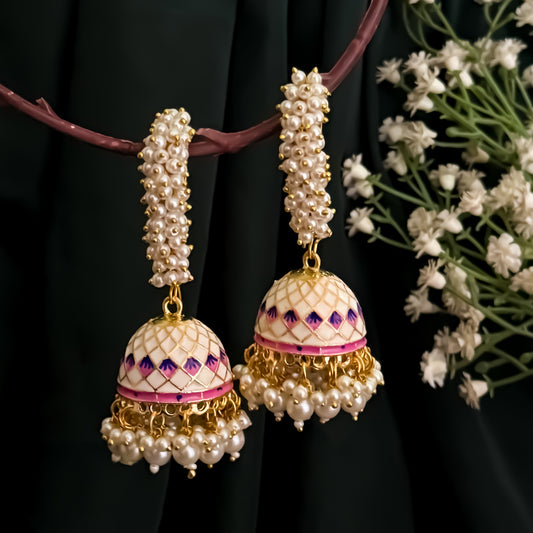 Paro Ganthan Meenakari Jhumka - Ivory/Golden