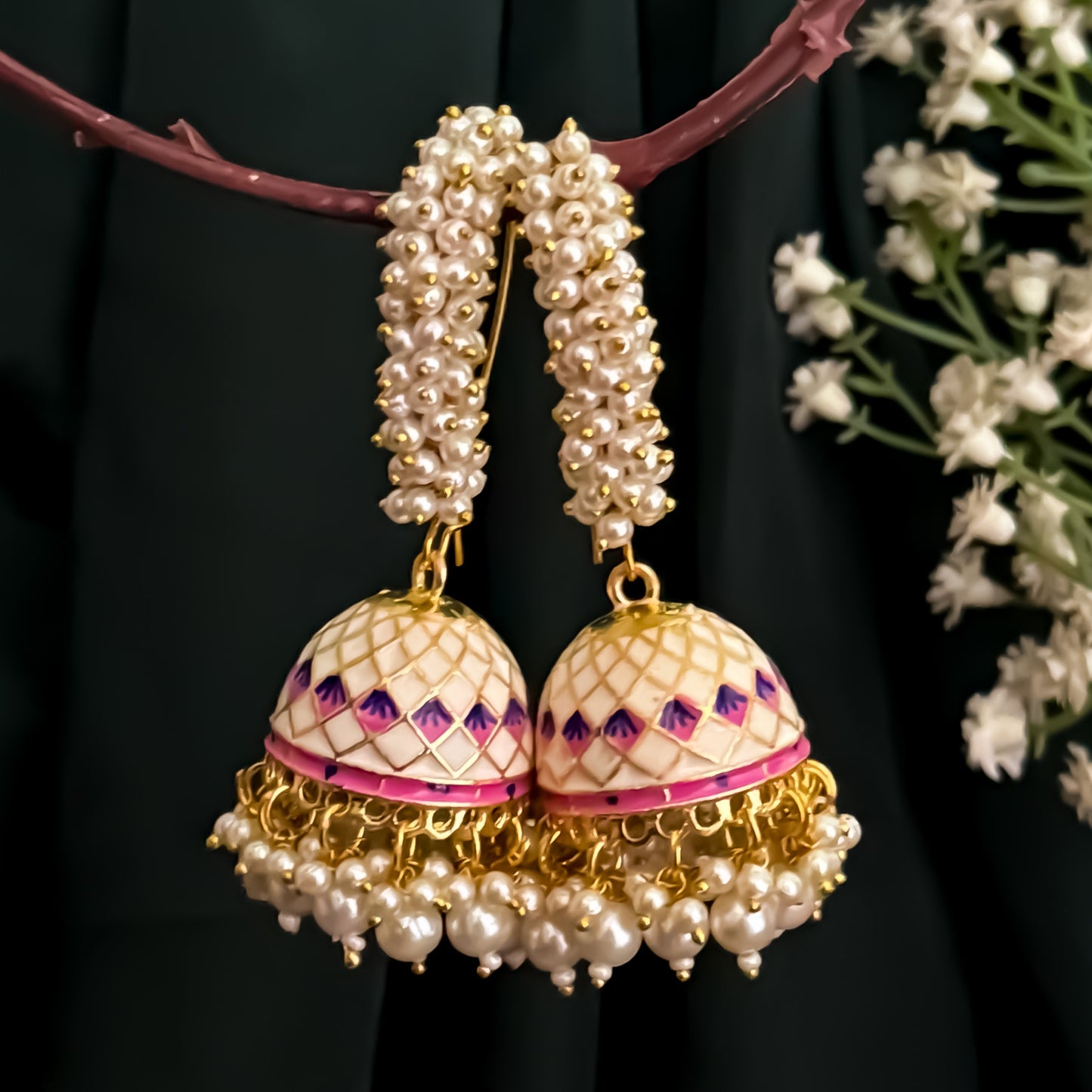 Paro Ganthan Meenakari Jhumka - Ivory/Golden