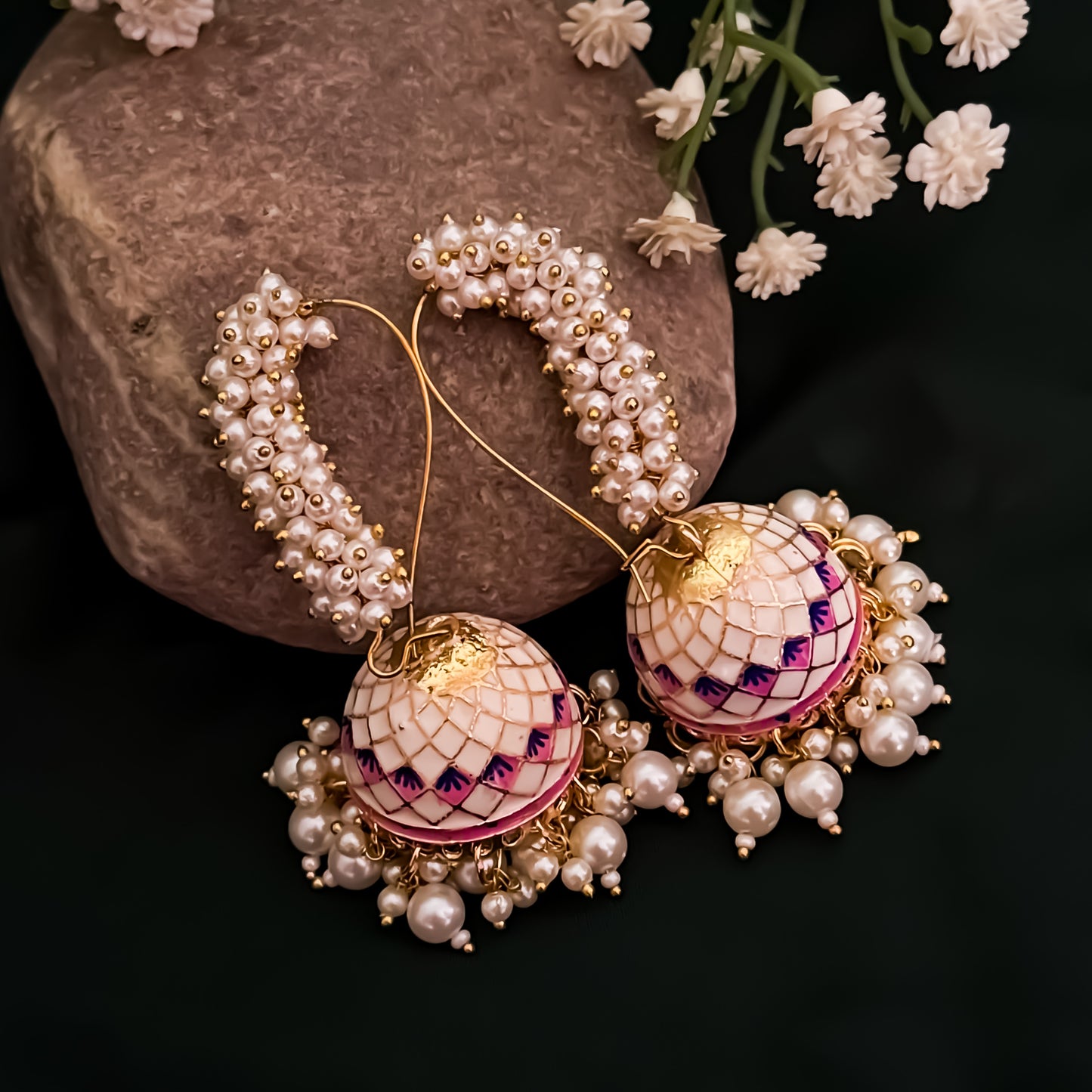 Paro Ganthan Meenakari Jhumka - Ivory/Golden