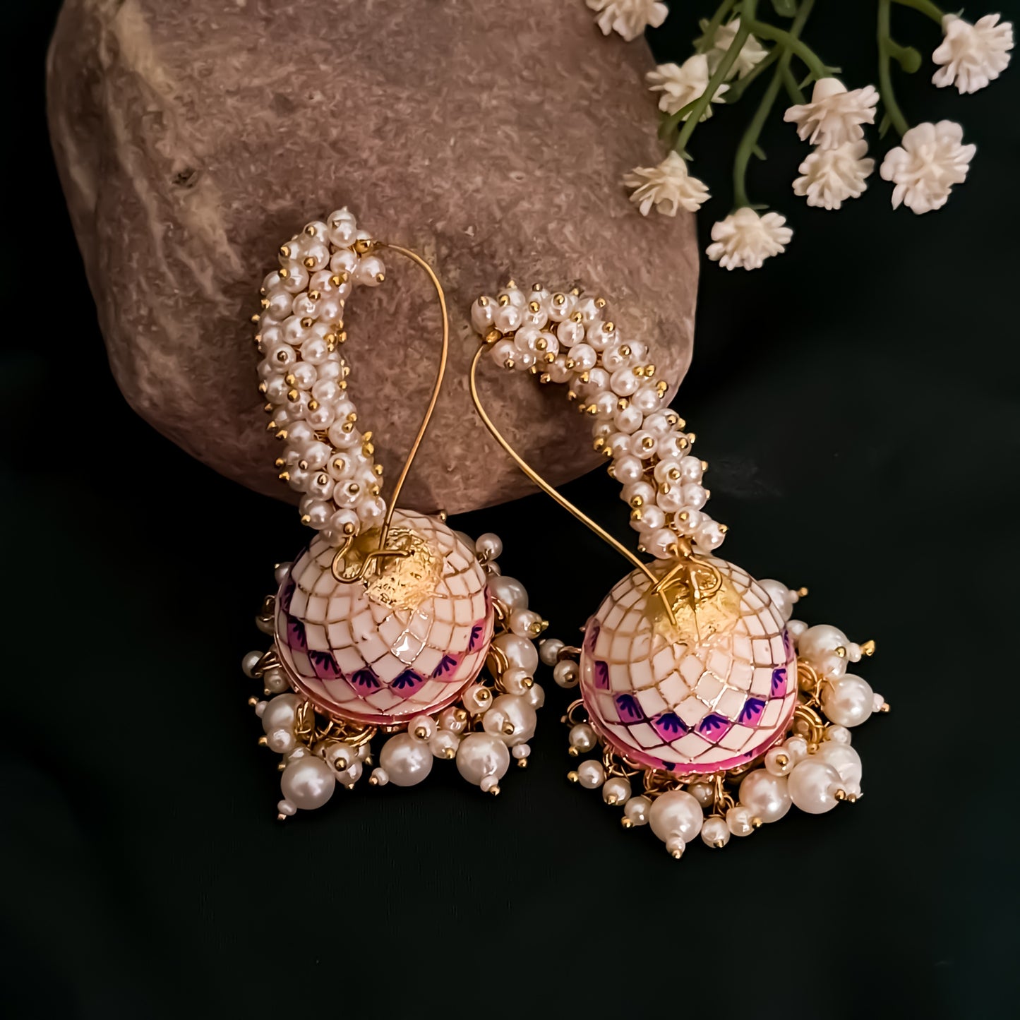 Paro Ganthan Meenakari Jhumka - Ivory/Golden