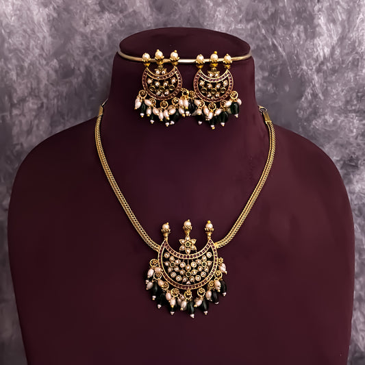 Bhagyashree Pearl AD Necklace Set - Golden & Green