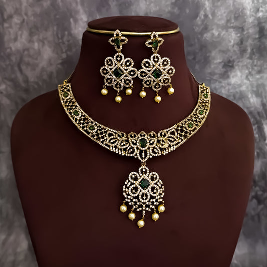 Nandini Victorian Work AD Necklace Set - Green