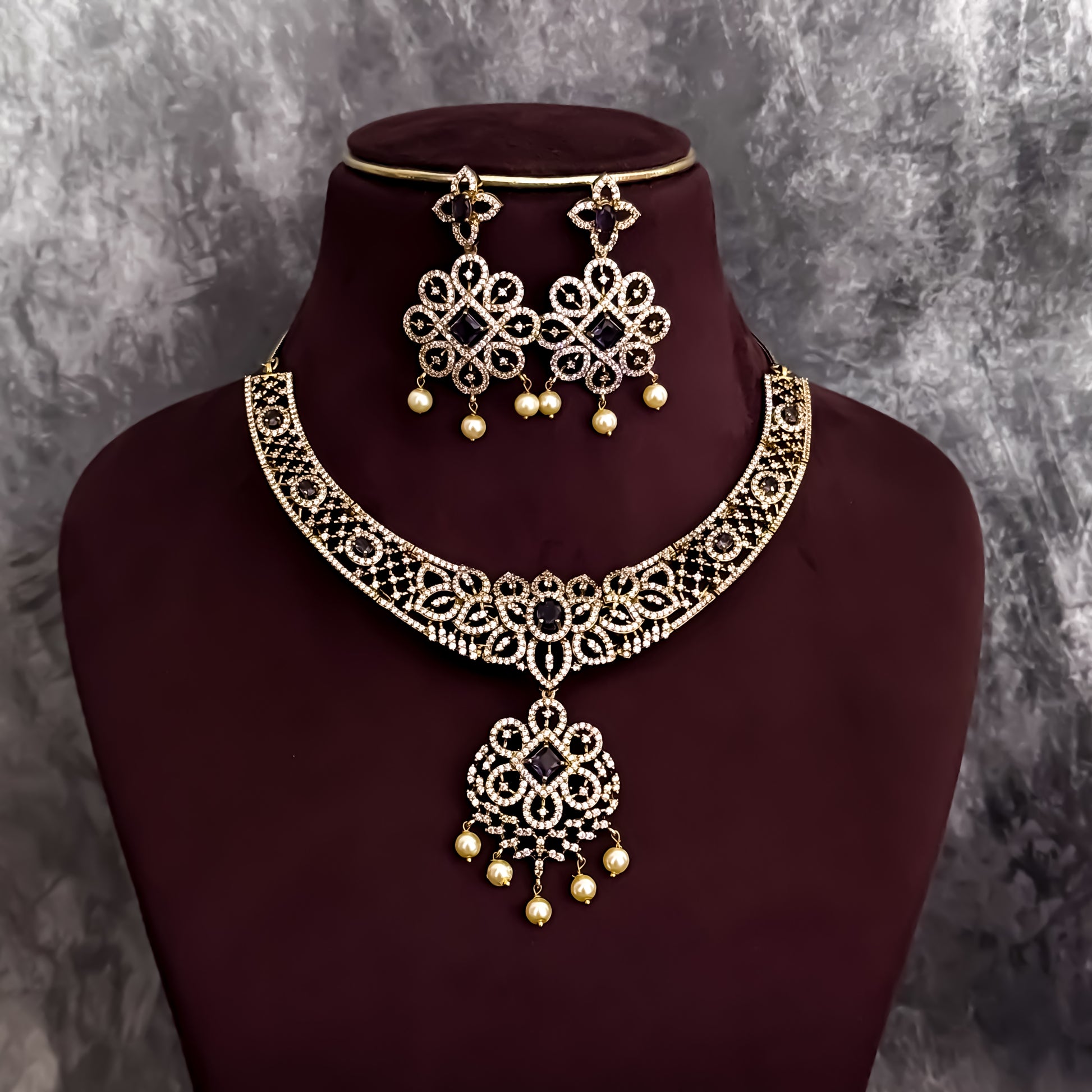 Nandini Victorian Work AD Necklace Set - Purple