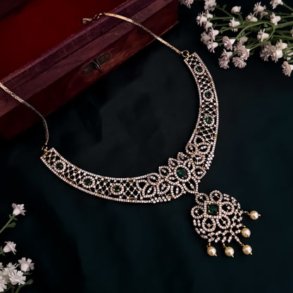 Nandini Victorian Work AD Necklace Set - Green