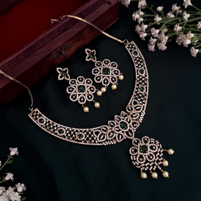 Nandini Victorian Work AD Necklace Set - Green