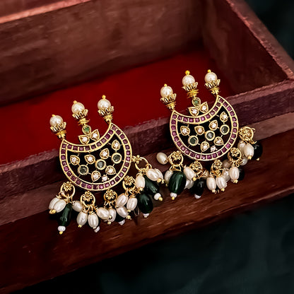 Bhagyashree Pearl AD Necklace Set - Golden & Green