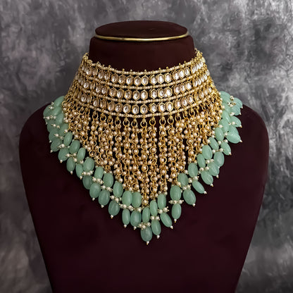 Taniya Kundan Pearl Jhallar Necklace Set - Mint Green