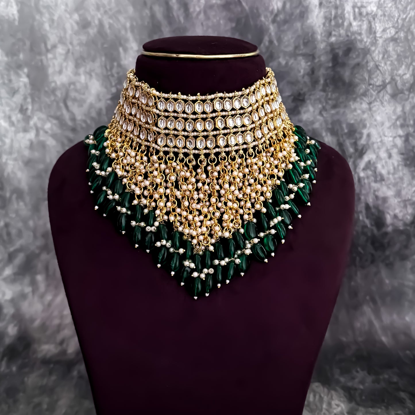 Taniya Kundan Pearl Jhallar Necklace Set - Green