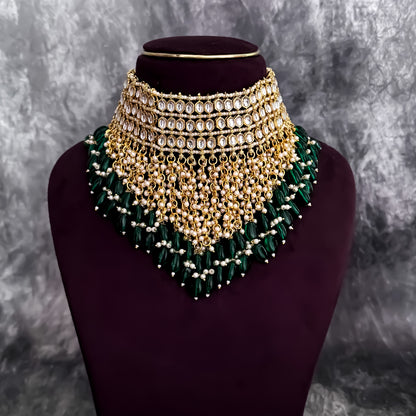 Taniya Kundan Pearl Jhallar Necklace Set - Green