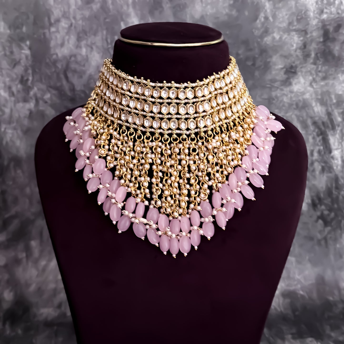 Taniya Kundan Pearl Jhallar Necklace Set - Baby Pink