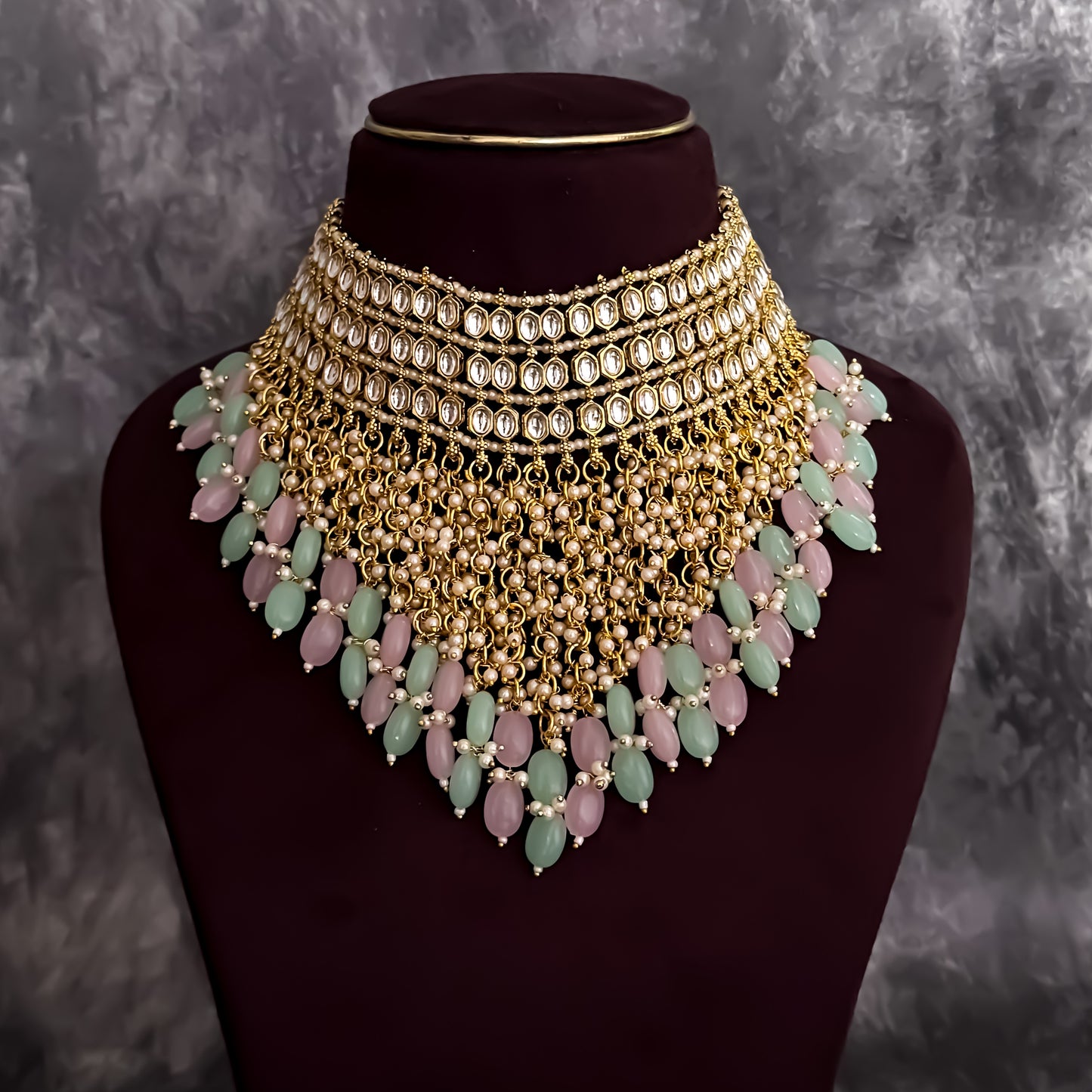 Taniya Kundan Pearl Jhallar Necklace Set- Pastel Pink & Pastel Green
