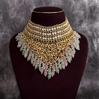 Taniya Kundan Pearl Jhallar Necklace Set- Pastel Pink & Pastel Green