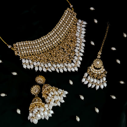 Taniya Kundan Pearl Jhallar Necklace Set - Ivory