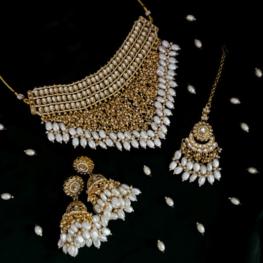 Taniya Kundan Pearl Jhallar Necklace Set - Ivory