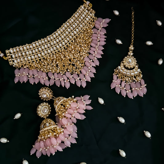 Taniya Kundan Pearl Jhallar Necklace Set - Baby Pink