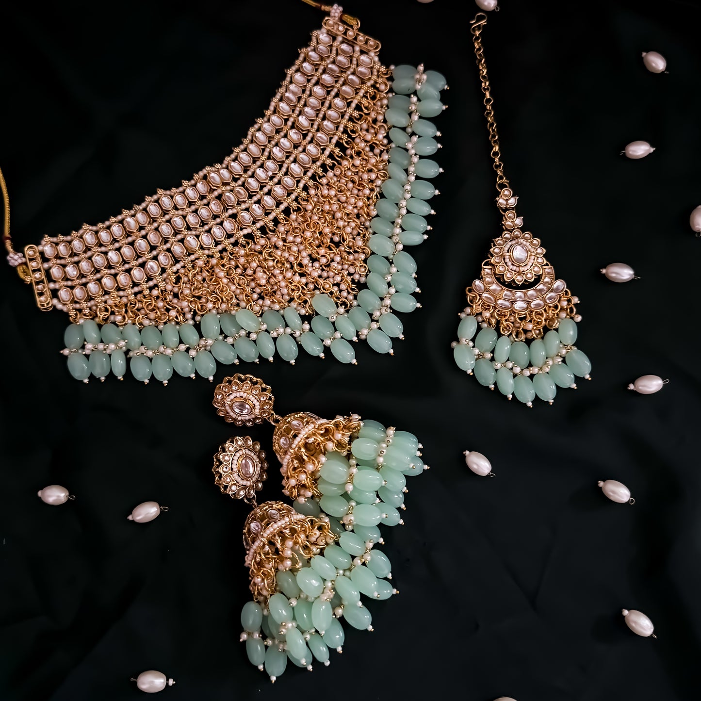Taniya Kundan Pearl Jhallar Necklace Set - Mint Green