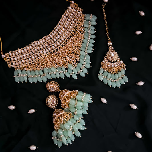 Taniya Kundan Pearl Jhallar Necklace Set - Mint Green