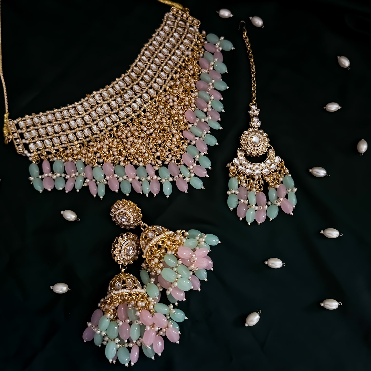 Taniya Kundan Pearl Jhallar Necklace Set- Pastel Pink & Pastel Green