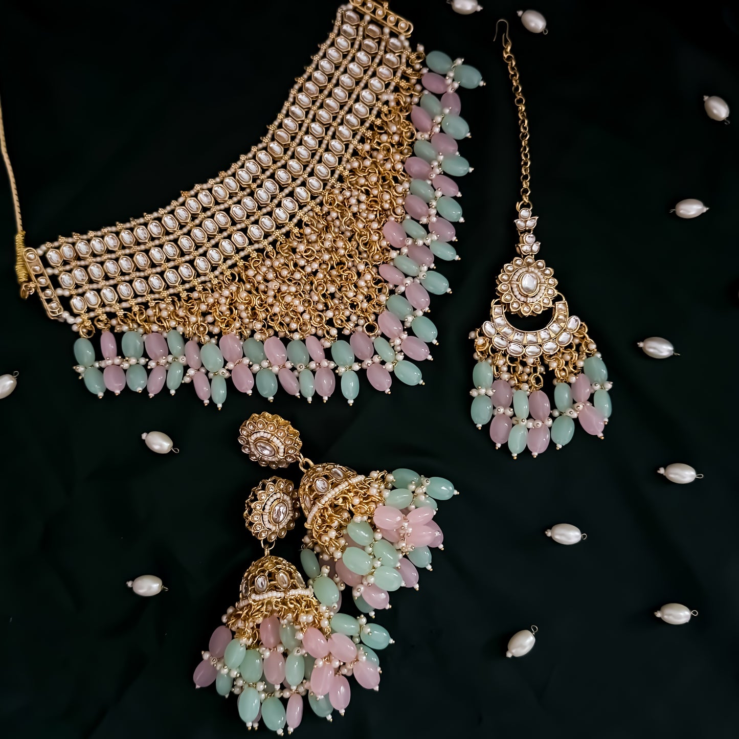 Taniya Kundan Pearl Jhallar Necklace Set- Pastel Pink & Pastel Green