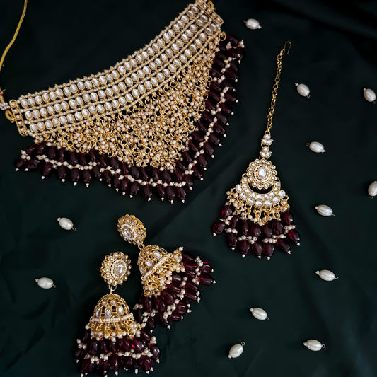 Taniya Kundan Pearl Jhallar Necklace Set - Maroon