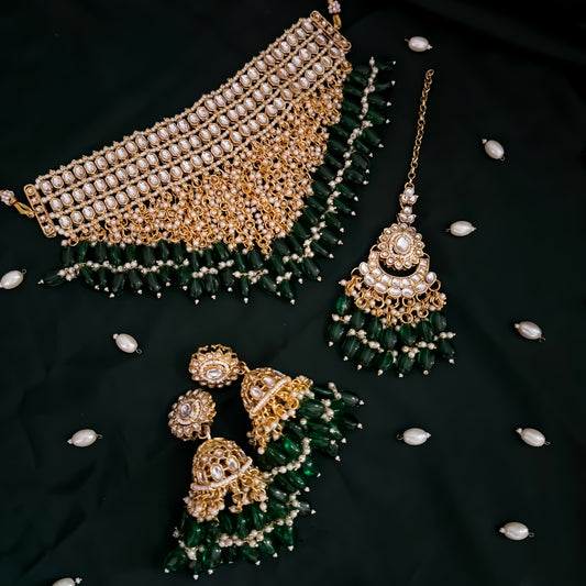 Taniya Kundan Pearl Jhallar Necklace Set - Green