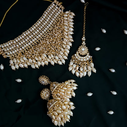 Taniya Kundan Pearl Jhallar Necklace Set - Ivory