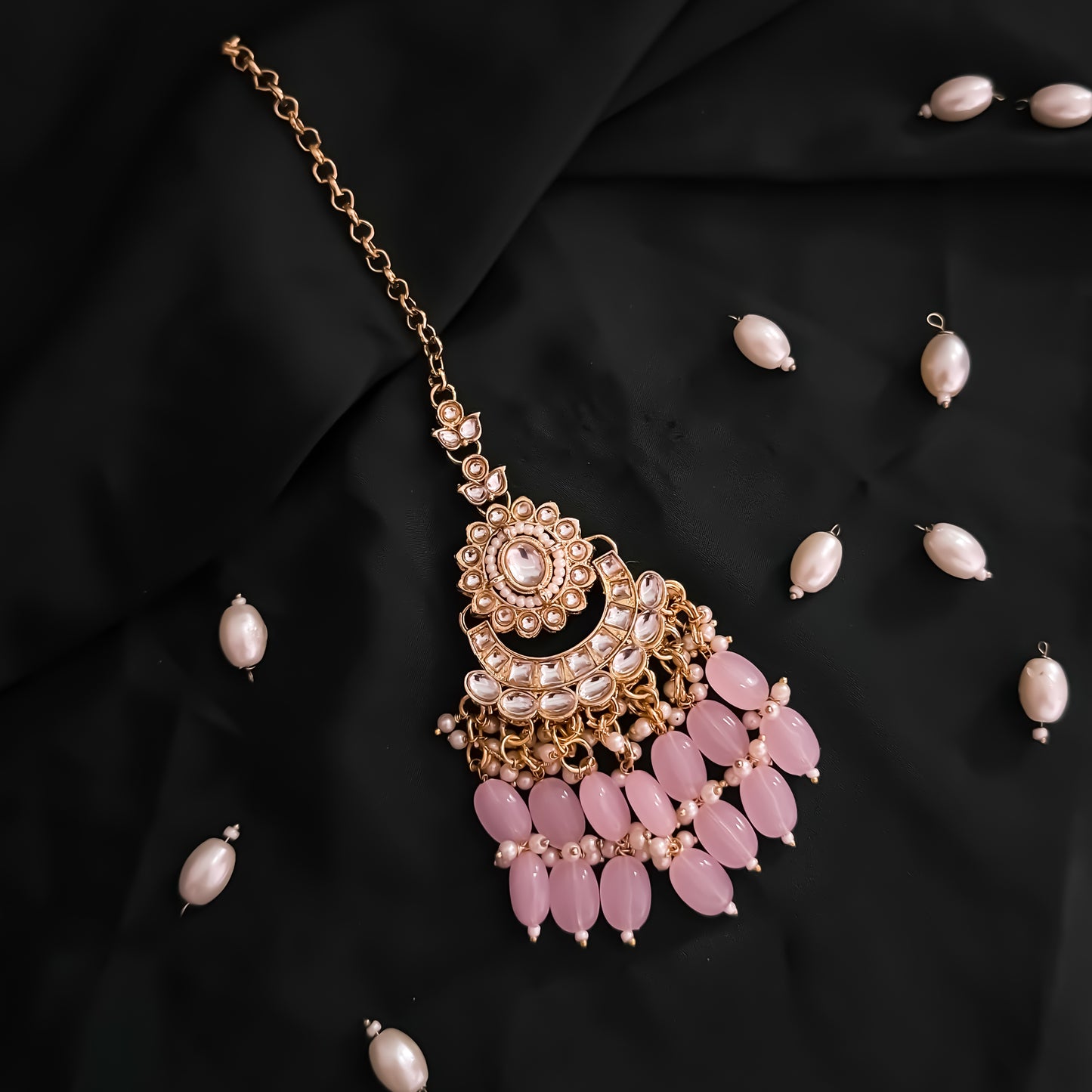 Taniya Kundan Pearl Jhallar Necklace Set - Baby Pink