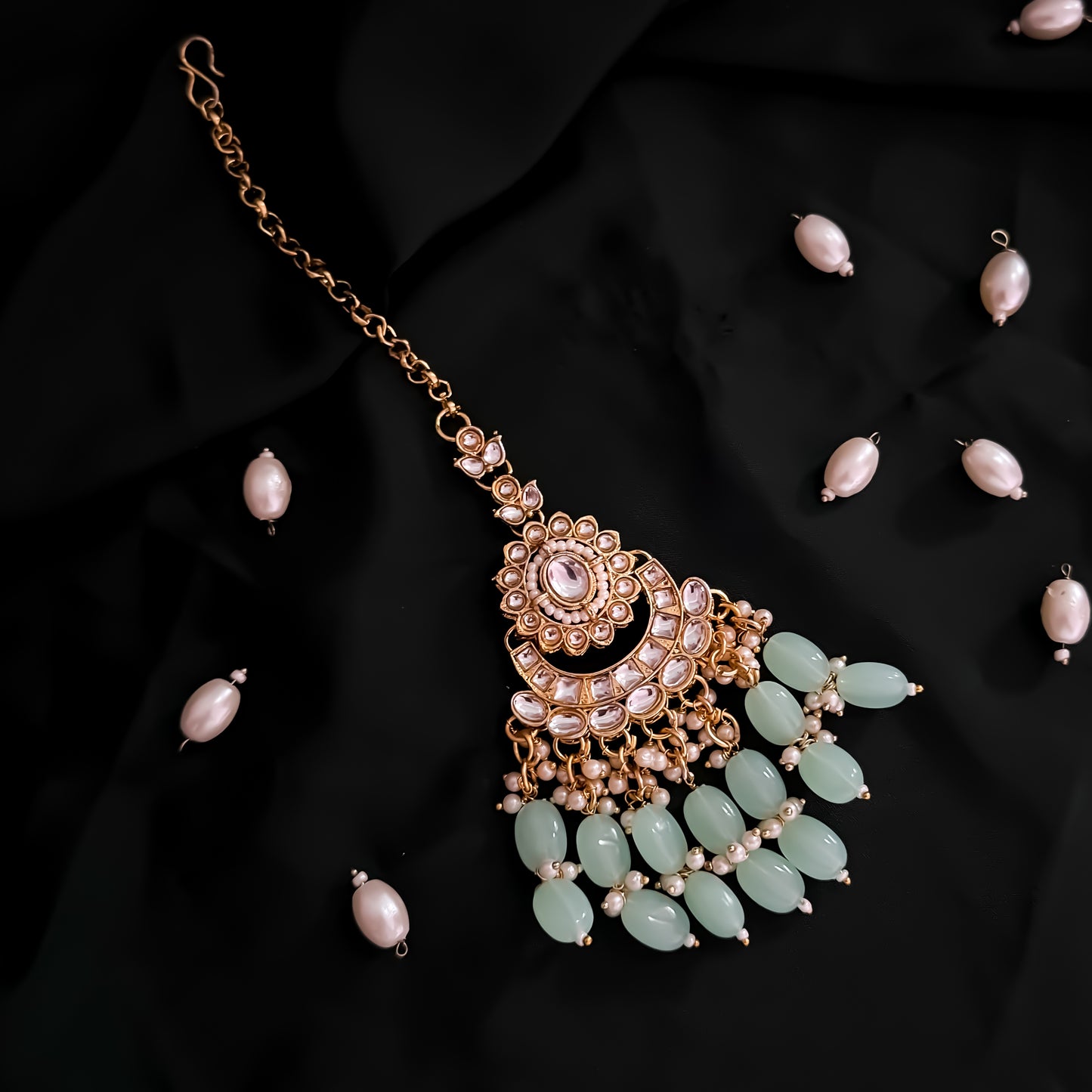Taniya Kundan Pearl Jhallar Necklace Set - Mint Green