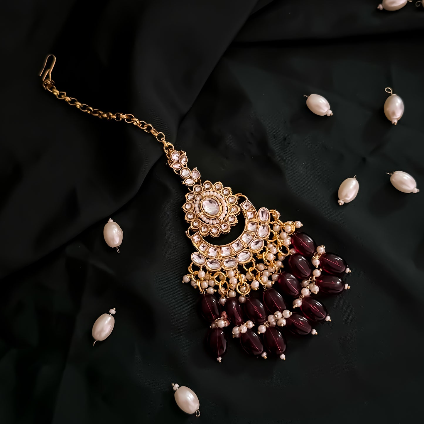 Taniya Kundan Pearl Jhallar Necklace Set - Maroon