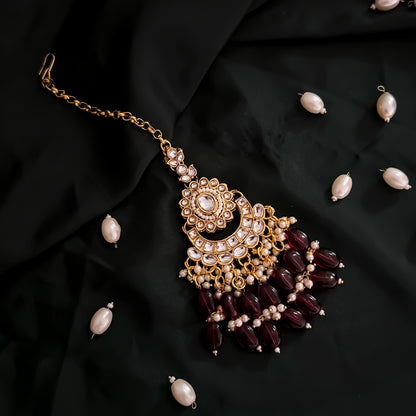 Taniya Kundan Pearl Jhallar Necklace Set - Maroon