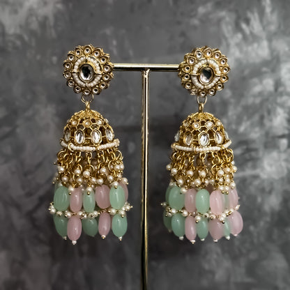 Taniya Kundan Pearl Jhallar Necklace Set- Pastel Pink & Pastel Green