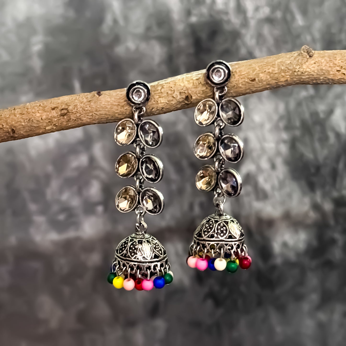 Dual Colour Stone Studded Silver Oxidised Jhumka Earrings