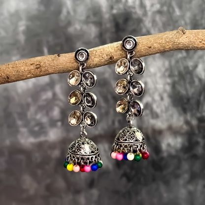 Dual Colour Stone Studded Silver Oxidised Jhumka Earrings