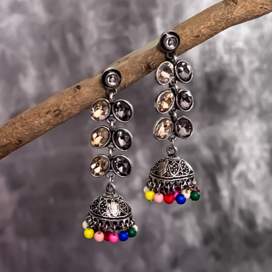 Dual Colour Stone Studded Silver Oxidised Jhumka Earrings