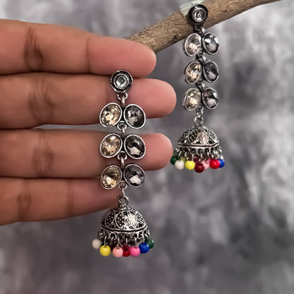Dual Colour Stone Studded Silver Oxidised Jhumka Earrings