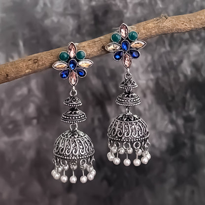 Dual Stone Studded Silver Brass Jhumka Earrings