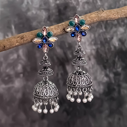 Dual Stone Studded Silver Brass Jhumka Earrings