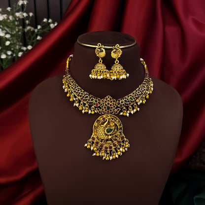 Parnika Peacock Temple Hasli Necklace Set - Golden