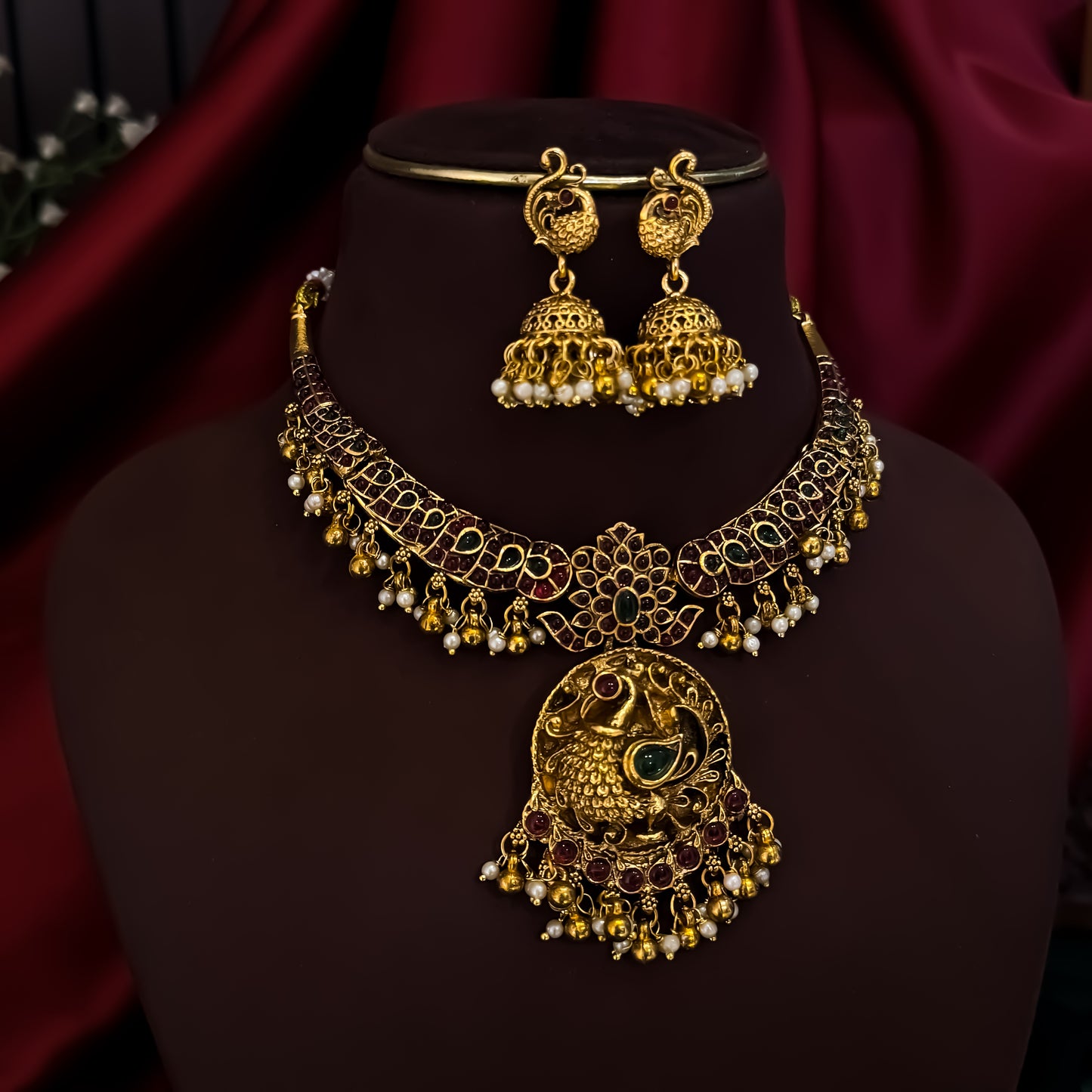 Parnika Peacock Temple Hasli Necklace Set - Golden