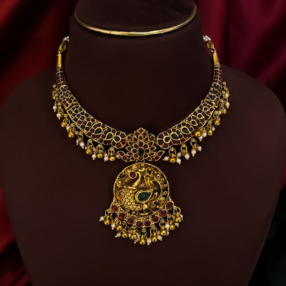 Parnika Peacock Temple Hasli Necklace Set - Golden