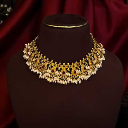 Prisa Guttapusalu Temple Necklace Set - Golden
